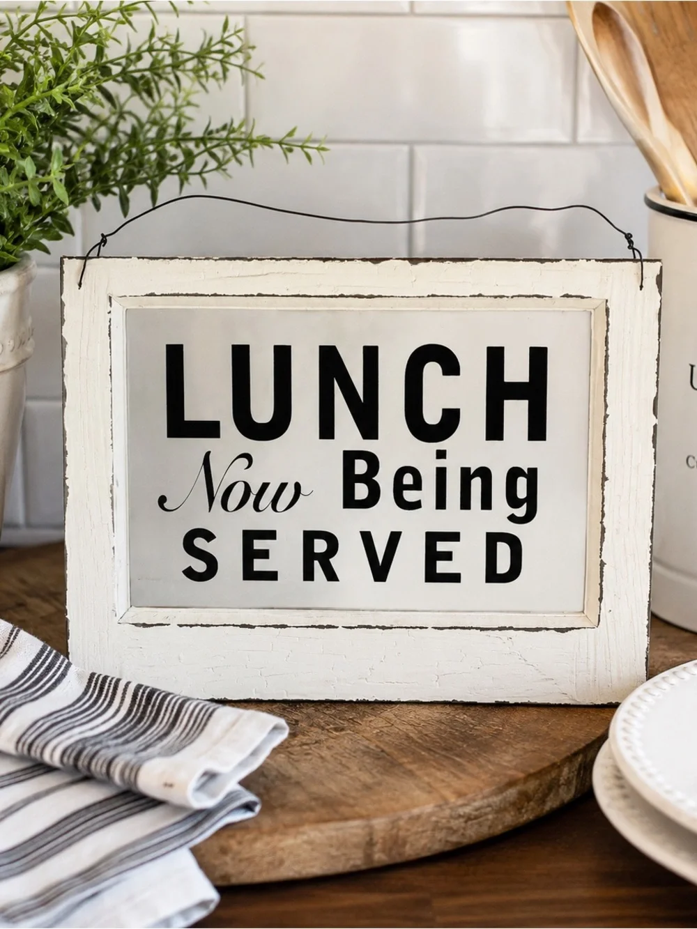 Lunch Now Being Served Rustic White Framed Sign 8x10
